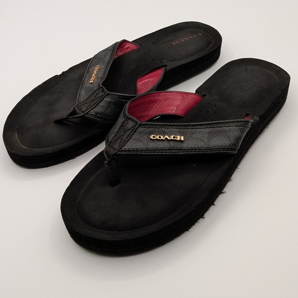 Coach 9B $95 Judy Black Leather Platform Thong Flip Flop Sandals Red Lining main image 2